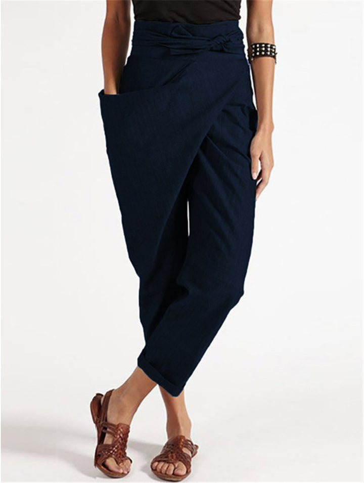 Damen casual linen harem pants with wrap look and elastic waistband Mirla-Eva Jonsson