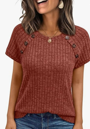 Damen casual ribbed knit t-shirt with buttons Mirla-Eva Jonsson