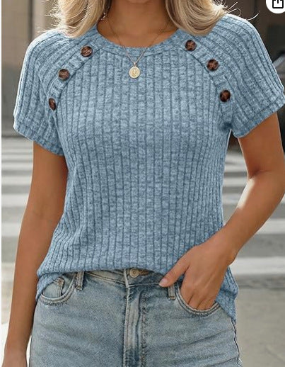 Damen casual ribbed knit t-shirt with buttons Mirla-Eva Jonsson