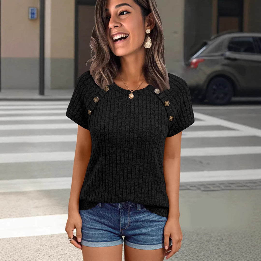 Damen casual ribbed knit t-shirt with buttons Mirla-Eva Jonsson