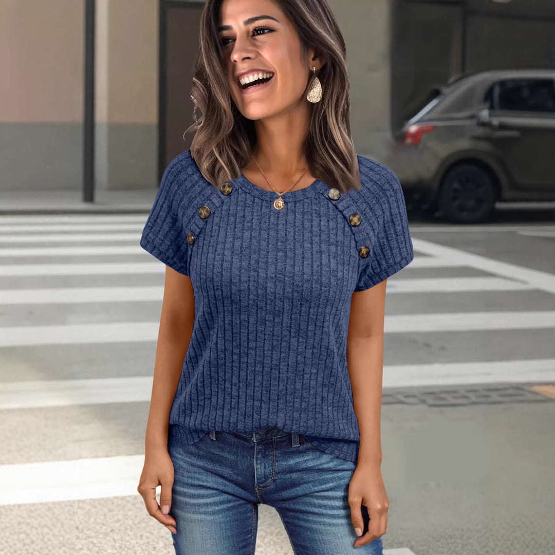 Damen casual ribbed knit t-shirt with buttons Mirla-Eva Jonsson