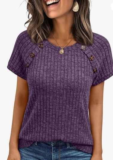 Damen casual ribbed knit t-shirt with buttons Mirla-Eva Jonsson