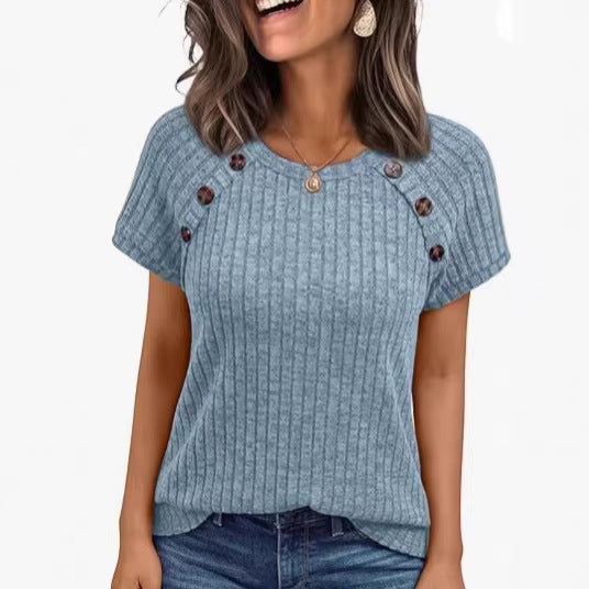 Damen casual ribbed knit t-shirt with buttons Mirla-Eva Jonsson