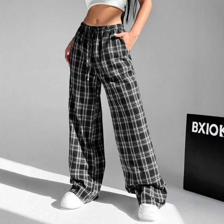 Damen casual rutiga byxor med elastisk midja och dragsko Mirla-Eva Jonsson