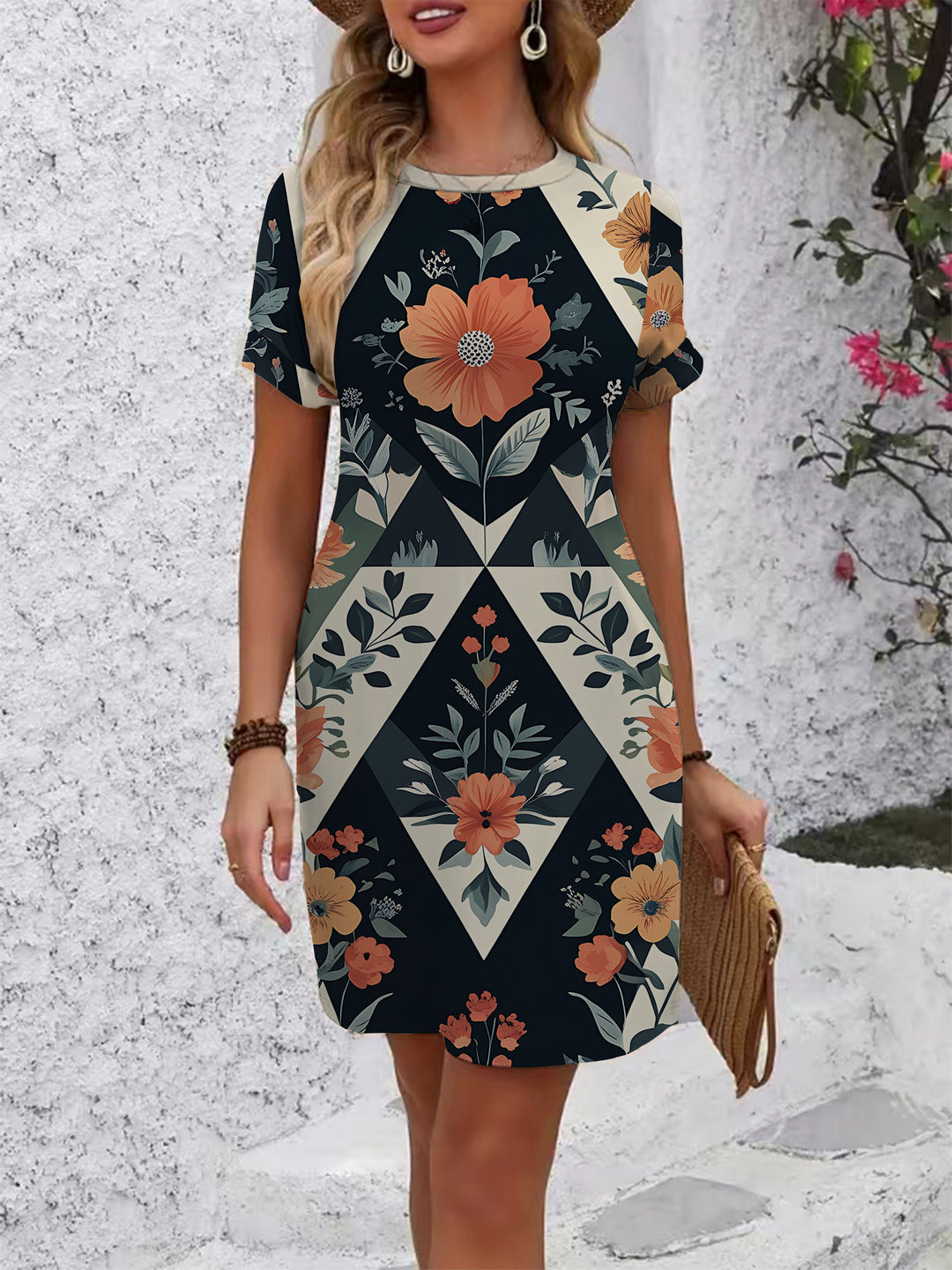 Damen casual short sleeve dress with modern houndstooth pattern and comfortable fit Mirla-Eva Jonsson