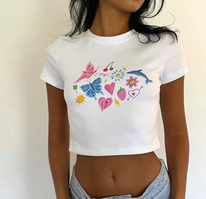 Damen cropped T-shirt med exklusivt hästmotiv och figursydd passform Mirla-Eva Jonsson