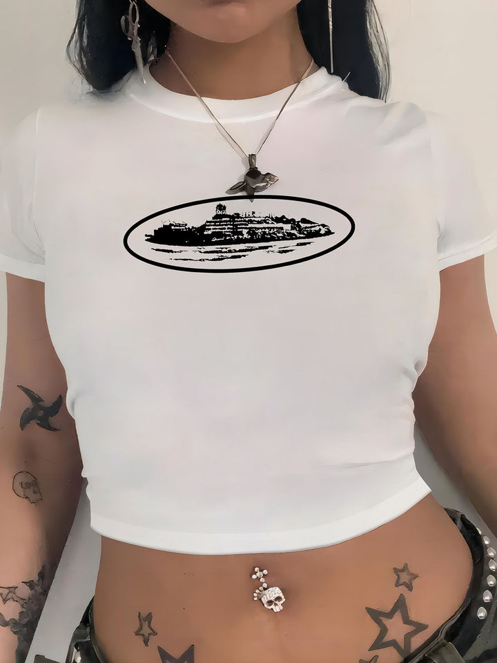 Damen cropped T-shirt med exklusivt hästmotiv och figursydd passform Mirla-Eva Jonsson