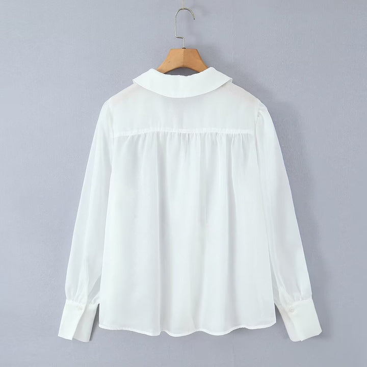 Damen elegant Chiffonblus med raffinerade puffärmar och ädel krage Mirla-Eva Jonsson
