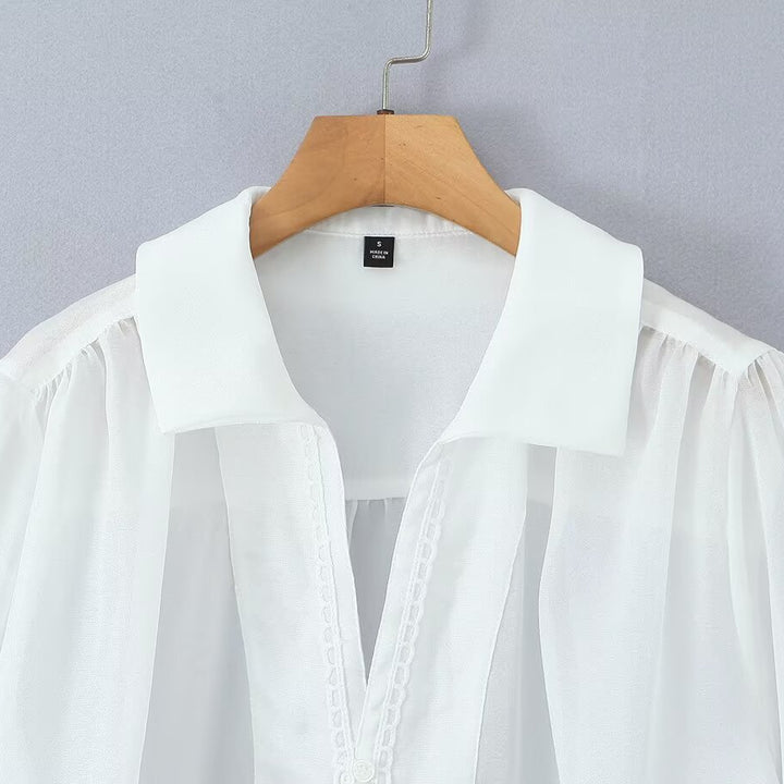 Damen elegant Chiffonblus med raffinerade puffärmar och ädel krage Mirla-Eva Jonsson