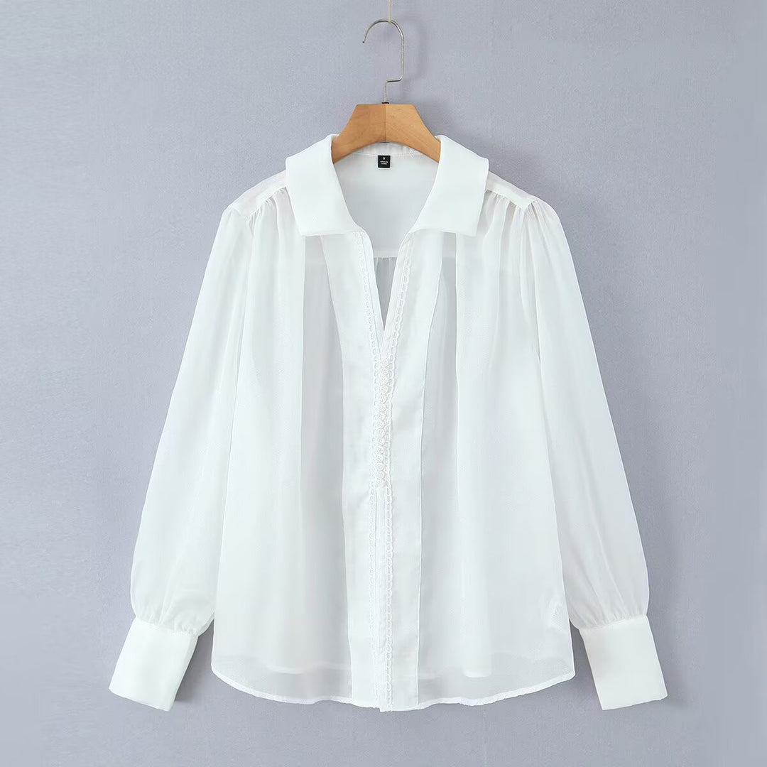 Damen elegant Chiffonblus med raffinerade puffärmar och ädel krage Mirla-Eva Jonsson