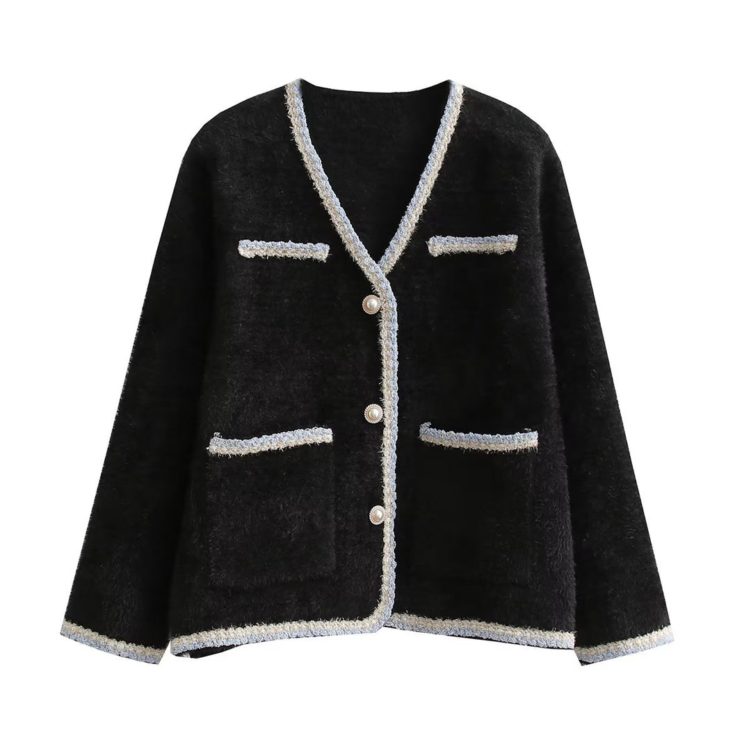 Damen elegant cardigan med dekorativa pärlknappar och praktiska fickor Mirla-Eva Jonsson