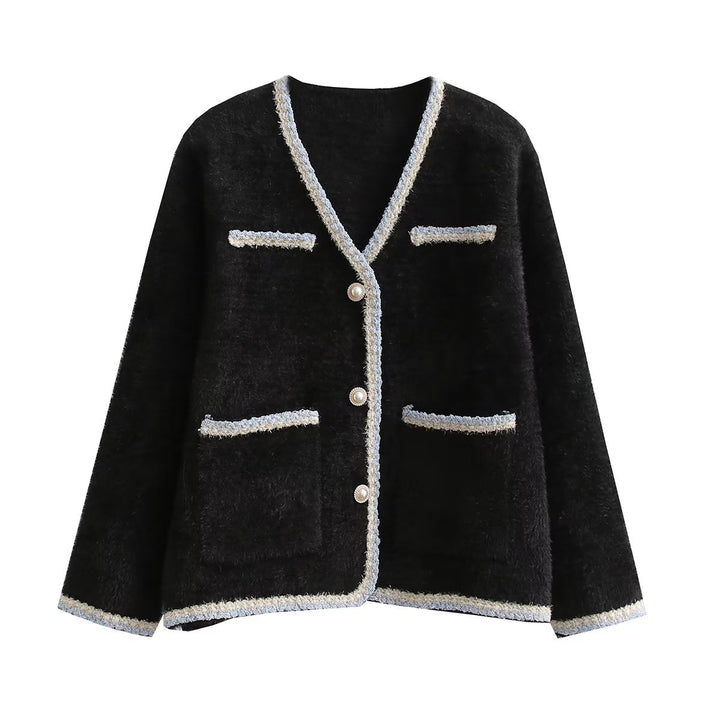 Damen elegant cardigan med dekorativa pärlknappar och praktiska fickor Mirla-Eva Jonsson