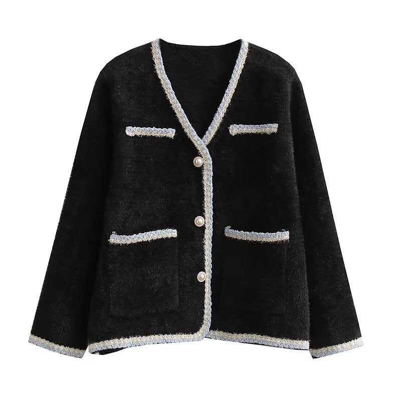 Damen elegant cardigan med dekorativa pärlknappar och praktiska fickor Mirla-Eva Jonsson