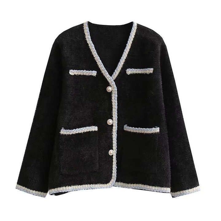 Damen elegant cardigan med dekorativa pärlknappar och praktiska fickor Mirla-Eva Jonsson