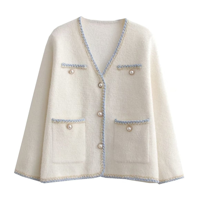 Damen elegant cardigan med dekorativa pärlknappar och praktiska fickor Mirla-Eva Jonsson