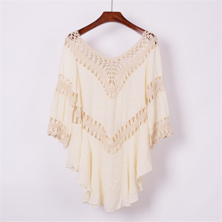 Damen elegant crocket blouse with V-neck and flounce sleeves Mirla-Eva Jonsson