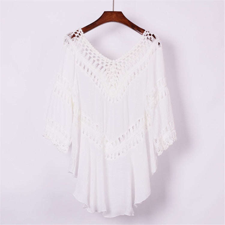 Damen elegant crocket blouse with V-neck and flounce sleeves Mirla-Eva Jonsson