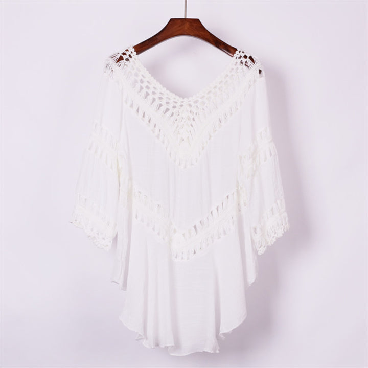 Damen elegant crocket blouse with V-neck and flounce sleeves Mirla-Eva Jonsson