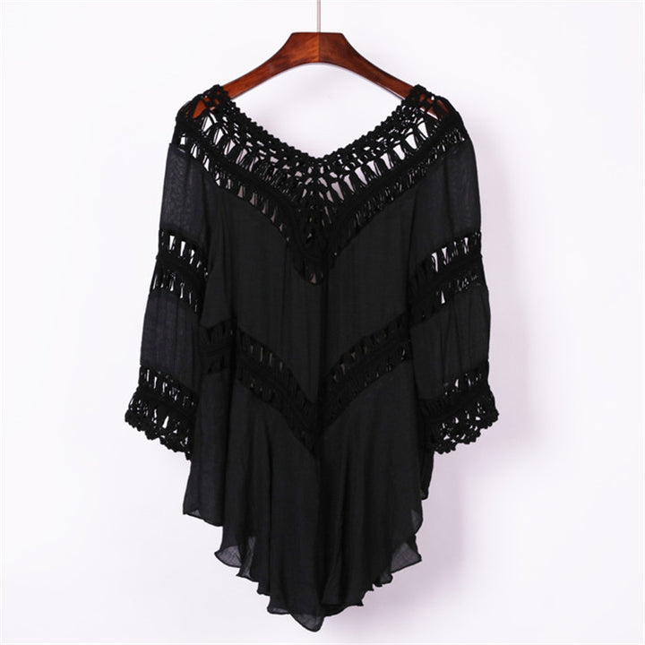 Damen elegant crocket blouse with V-neck and flounce sleeves Mirla-Eva Jonsson