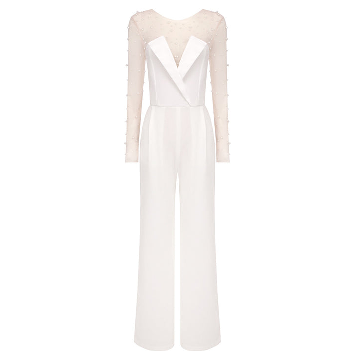 Damen elegant jumpsuit med genomskinliga ärmar och pärlprydnad Mirla-Eva Jonsson