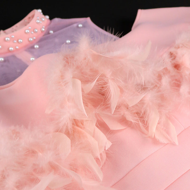 Damen elegant klänning med transparenta puffärmar och dekorativa fjäderdetaljer Mirla-Eva Jonsson