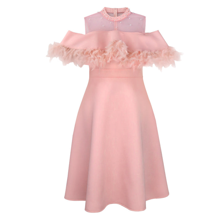 Damen elegant klänning med transparenta puffärmar och dekorativa fjäderdetaljer Mirla-Eva Jonsson