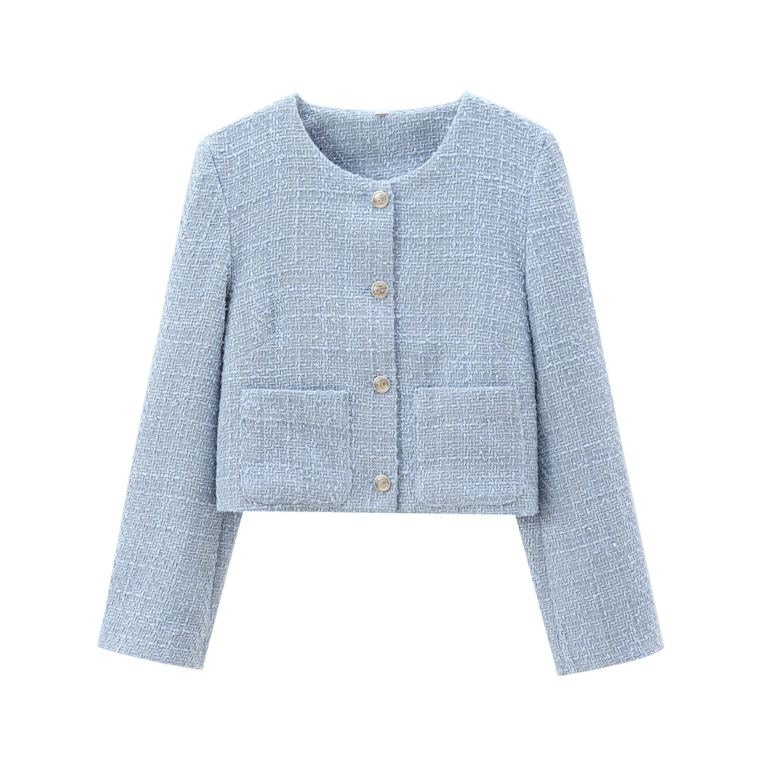 Damen elegant kort jacka i strukturerad tweed-stil med praktiska fickor Mirla-Eva Jonsson