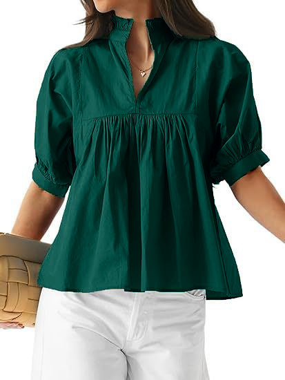 Damen elegant kortärmad blus med volangdetaljer och avslappnad passform Mirla-Eva Jonsson