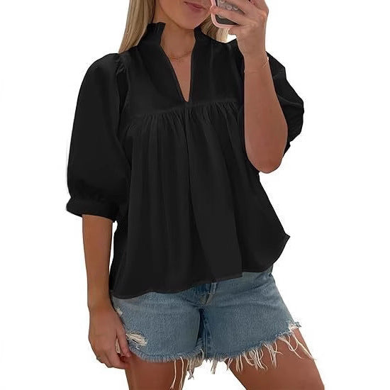 Damen elegant kortärmad blus med volangdetaljer och avslappnad passform Mirla-Eva Jonsson