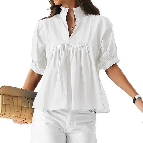 Damen elegant kortärmad blus med volangdetaljer och avslappnad passform Mirla-Eva Jonsson
