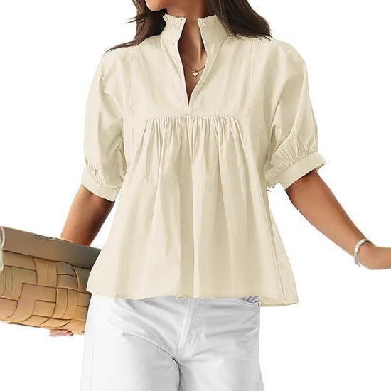 Damen elegant kortärmad blus med volangdetaljer och avslappnad passform Mirla-Eva Jonsson