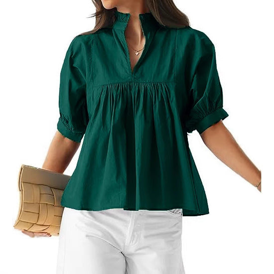 Damen elegant kortärmad blus med volangdetaljer och avslappnad passform Mirla-Eva Jonsson