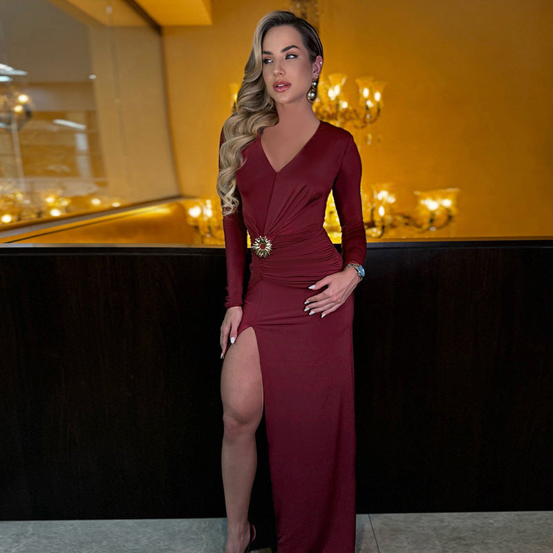 Damen elegant långärmade aftenklänning med drapering och hög slits Mirla-Eva Jonsson