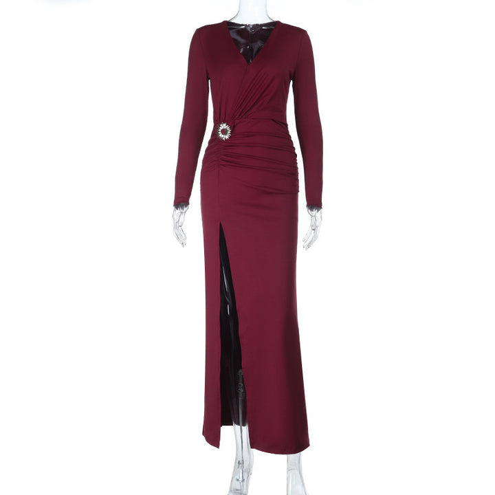 Damen elegant långärmade aftenklänning med drapering och hög slits Mirla-Eva Jonsson
