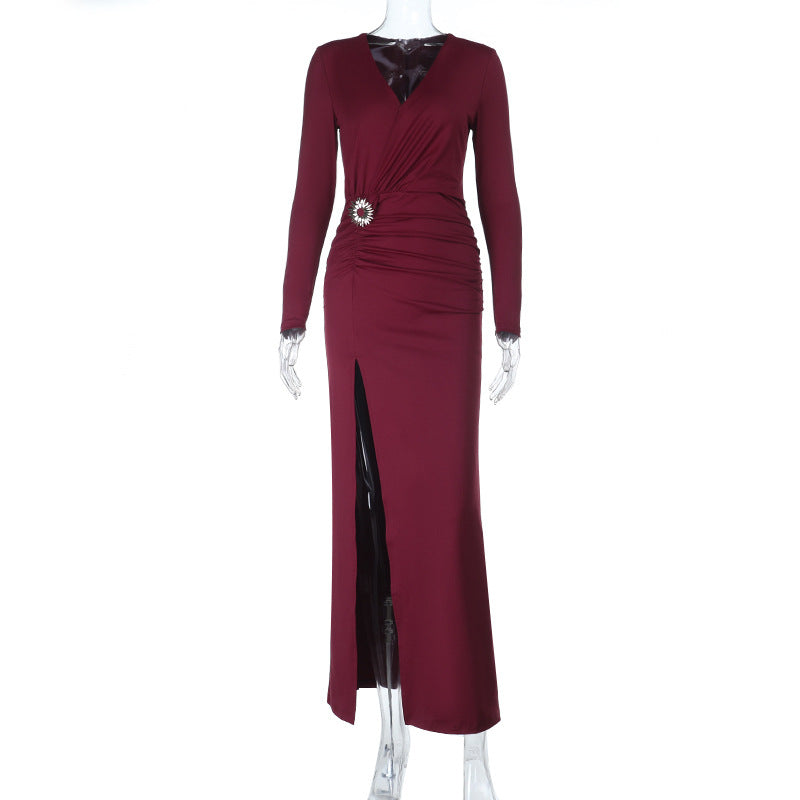 Damen elegant långärmade aftenklänning med drapering och hög slits Mirla-Eva Jonsson
