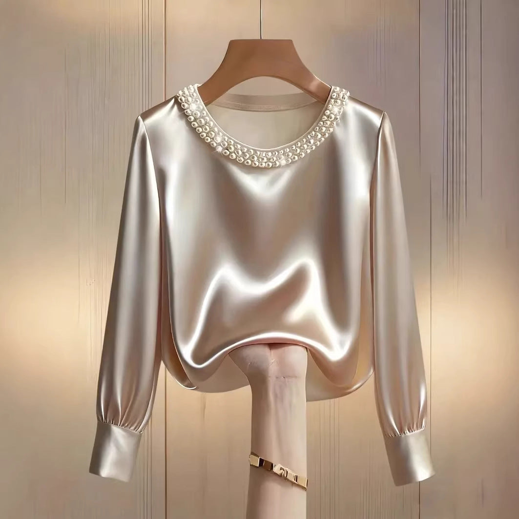 Damen elegant satin blouse with pearl collar Mirla-Eva Jonsson