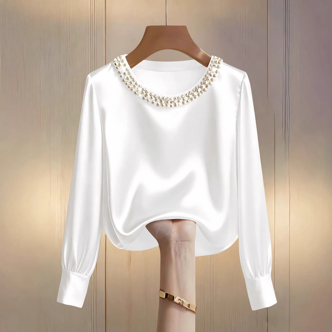 Damen elegant satin blouse with pearl collar Mirla-Eva Jonsson