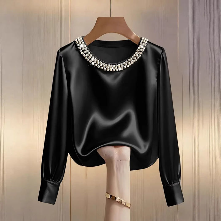 Damen elegant satin blouse with pearl collar Mirla-Eva Jonsson