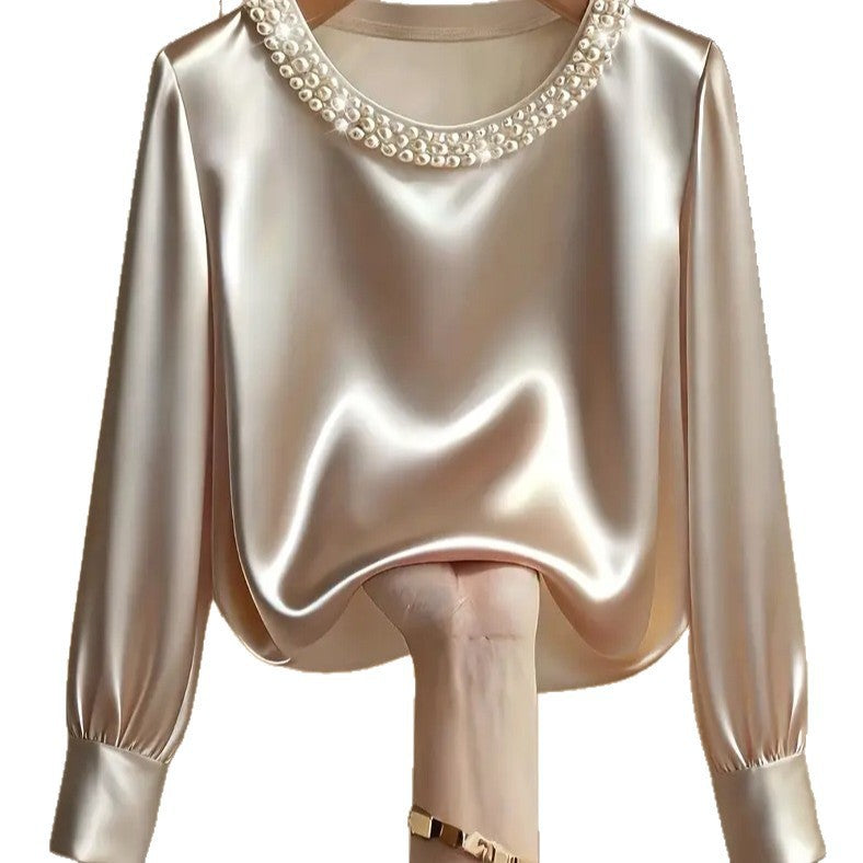 Damen elegant satin blouse with pearl collar Mirla-Eva Jonsson