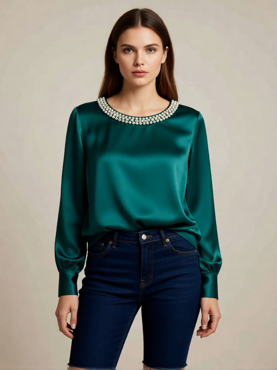 Damen elegant satin blouse with pearl collar Mirla-Eva Jonsson