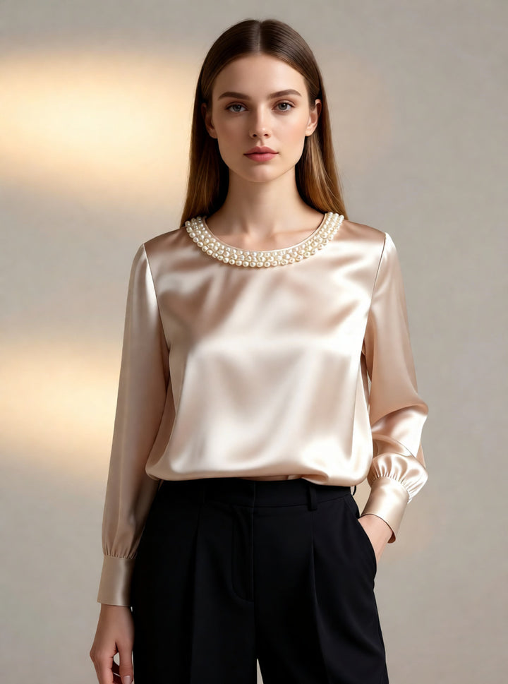 Damen elegant satin blouse with pearl collar Mirla-Eva Jonsson