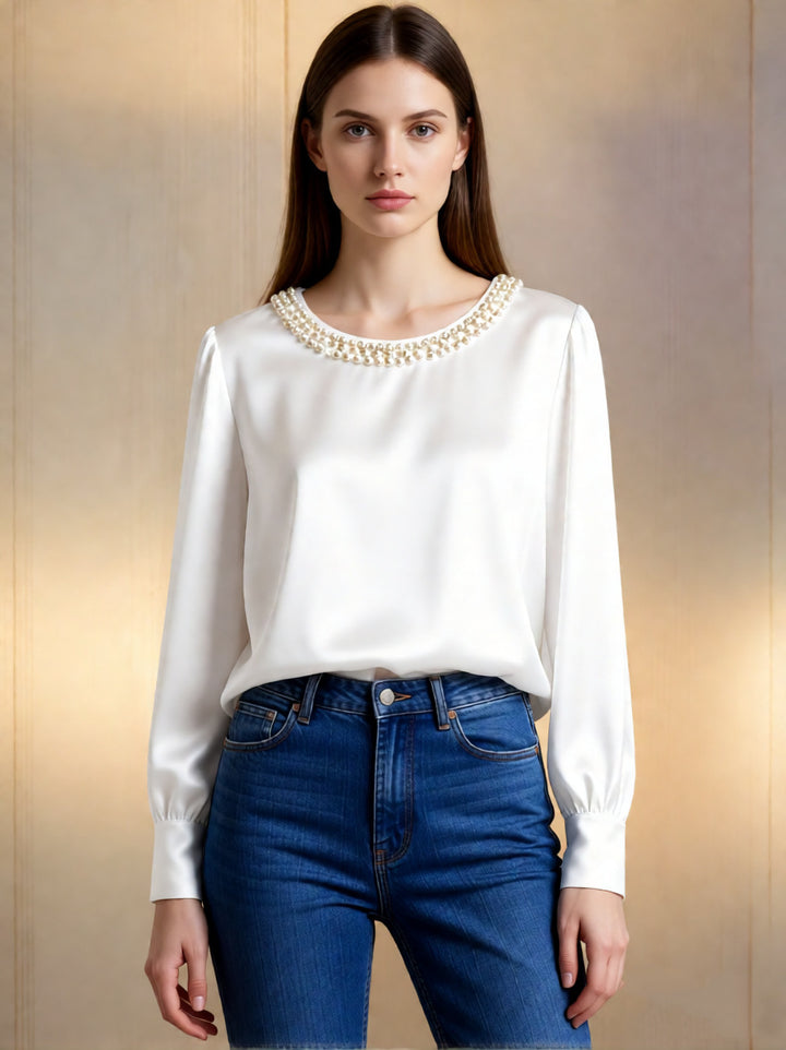 Damen elegant satin blouse with pearl collar Mirla-Eva Jonsson