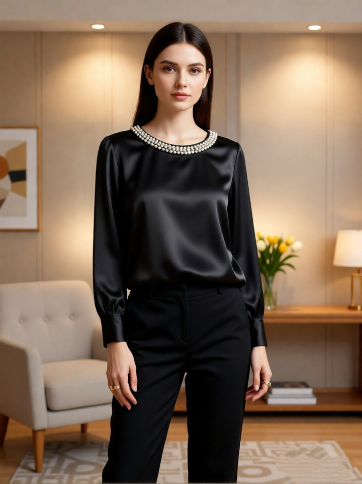 Damen elegant satin blouse with pearl collar Mirla-Eva Jonsson