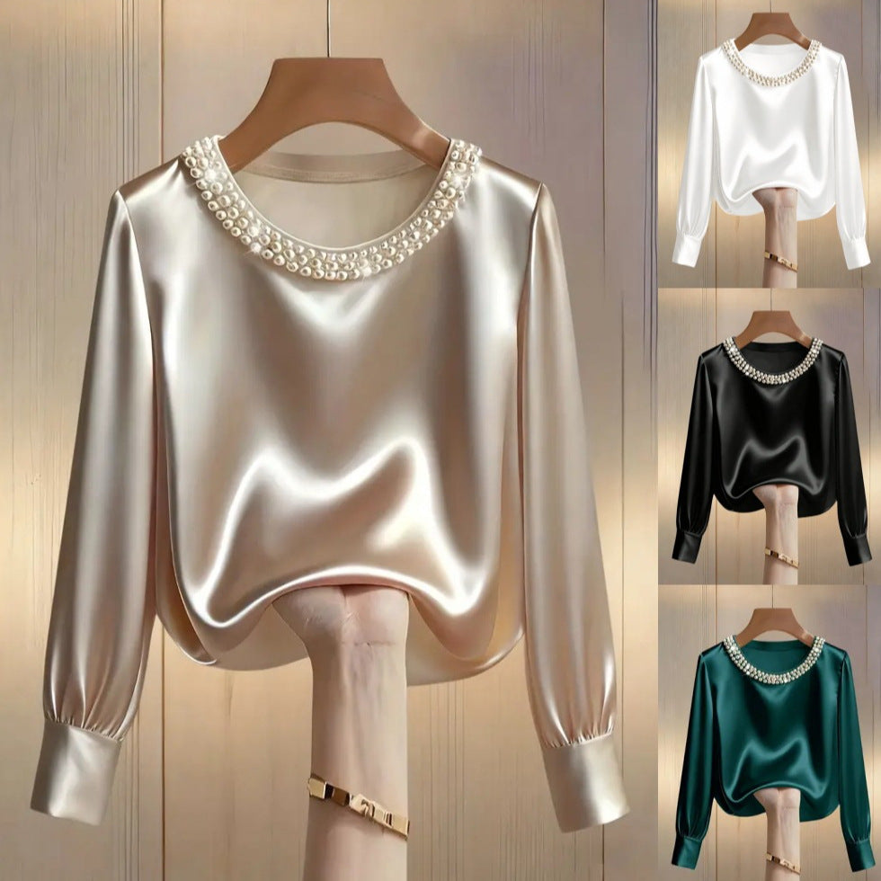 Damen elegant satin blouse with pearl collar Mirla-Eva Jonsson