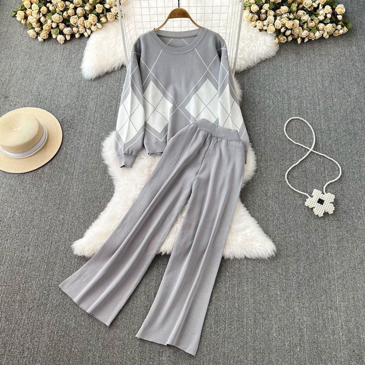 Damen elegant stickat loungewear-set med rhombmönster och vida ben Mirla-Eva Jonsson