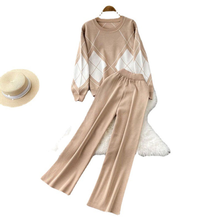Damen elegant stickat loungewear-set med rhombmönster och vida ben Mirla-Eva Jonsson