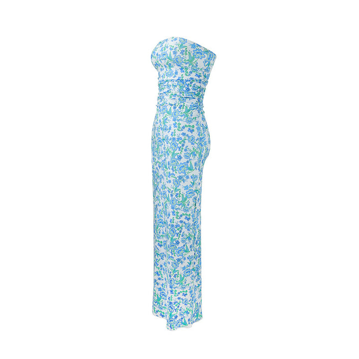 Damen elegant, strapless maxiklänning med raffinerad mönsterblandning Mirla-Eva Jonsson
