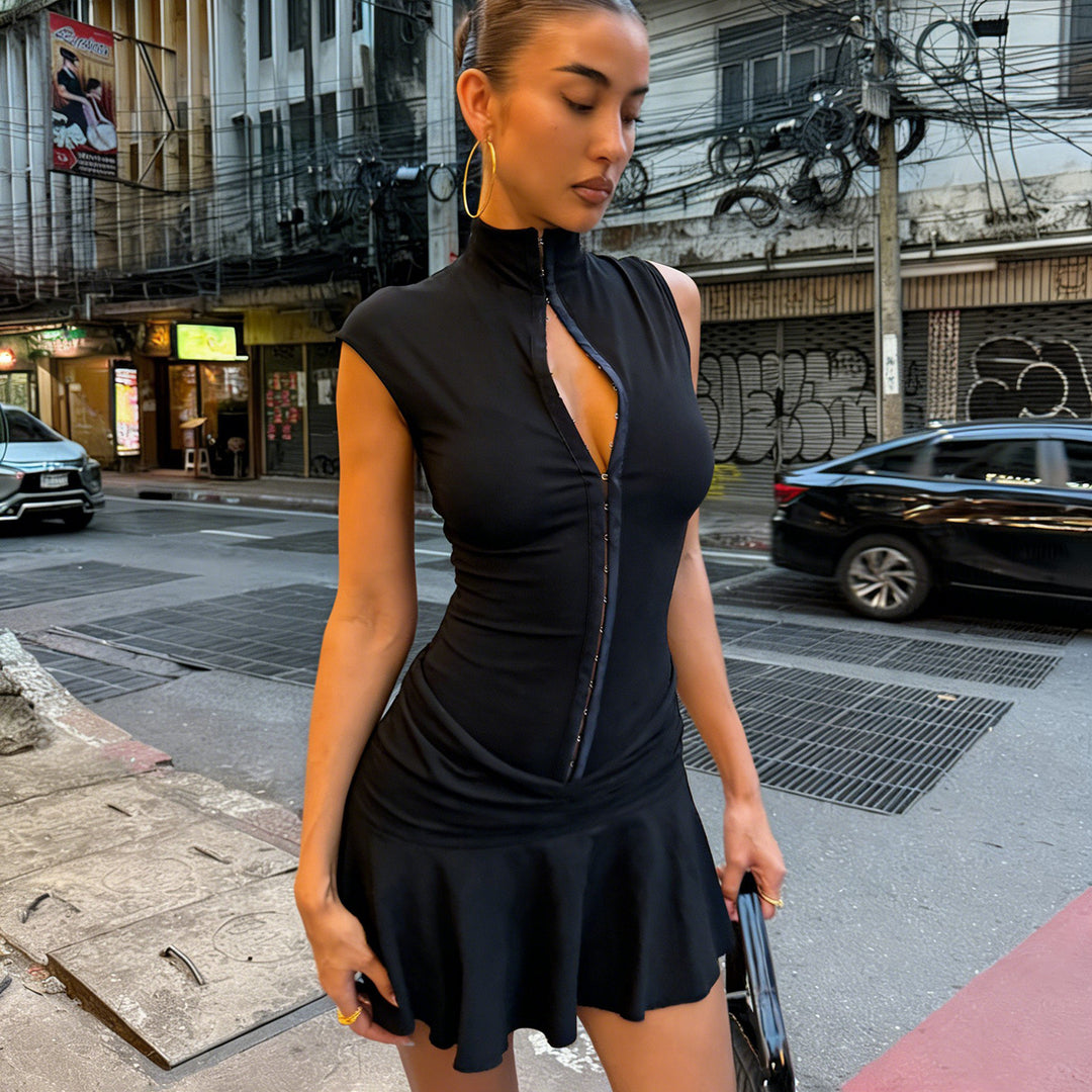 Damen elegant stretch dress med hög krage och volangdetaljer Mirla-Eva Jonsson