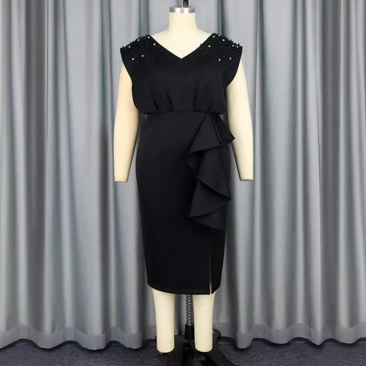 Damen elegant wrap dress with shimmering pearls and asymmetrical ruffle hem Mirla-Eva Jonsson