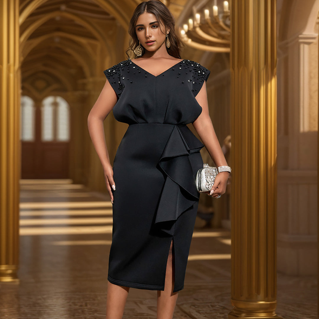 Damen elegant wrap dress with shimmering pearls and asymmetrical ruffle hem Mirla-Eva Jonsson